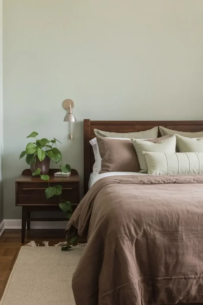 Cocoa brown duvet with sage green linen pillows on a walnut bed against soft sage green walls