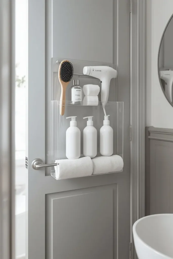 Clear acrylic two tier organizer on a grey bathroom door holding a wooden hairbrush, white hair dryer, three white pump bottles, and rolled towels