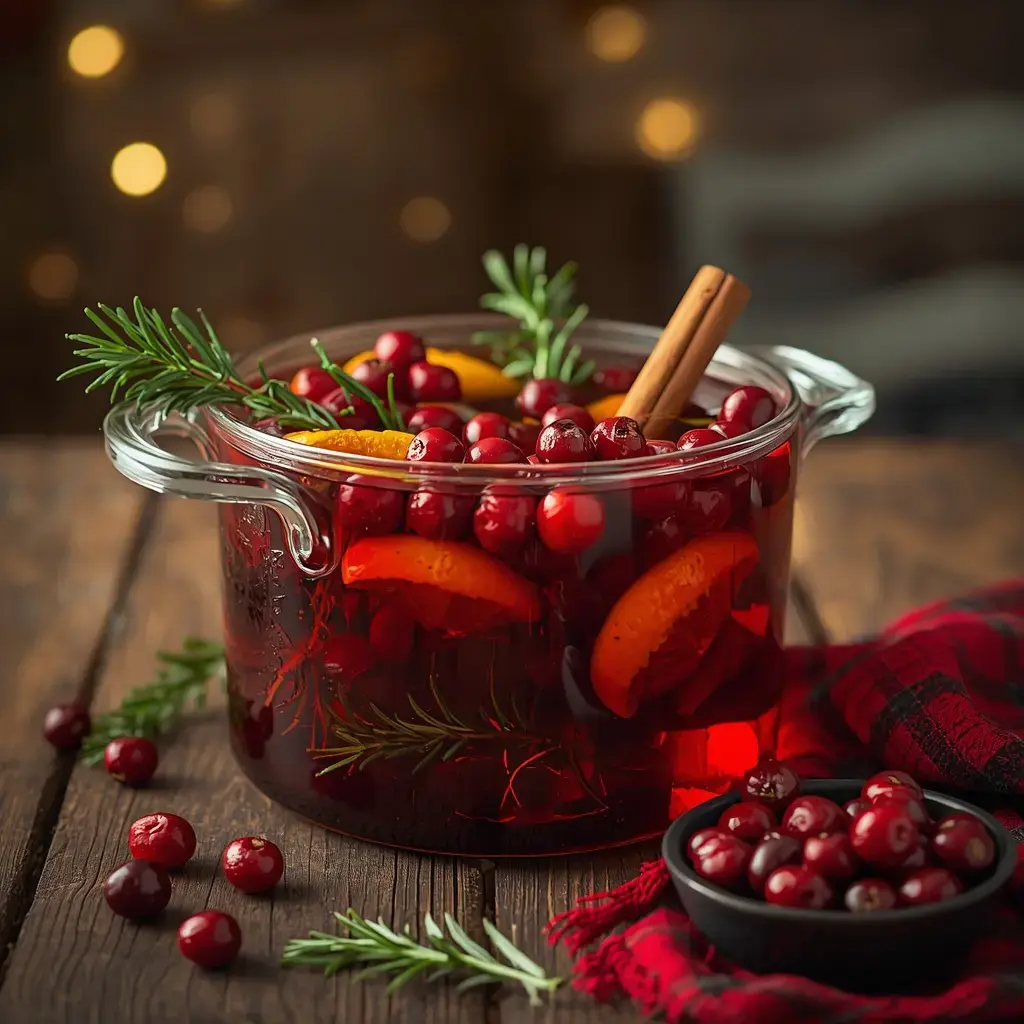 Clear glass pot of cranberries, orange slices, rosemary, and a cinnamon stick in ruby red water with glowing lights behind