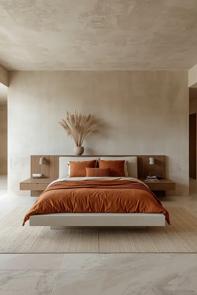 Open bedroom with a floating bed, terracotta bedding and a wooden console table behind the headboard