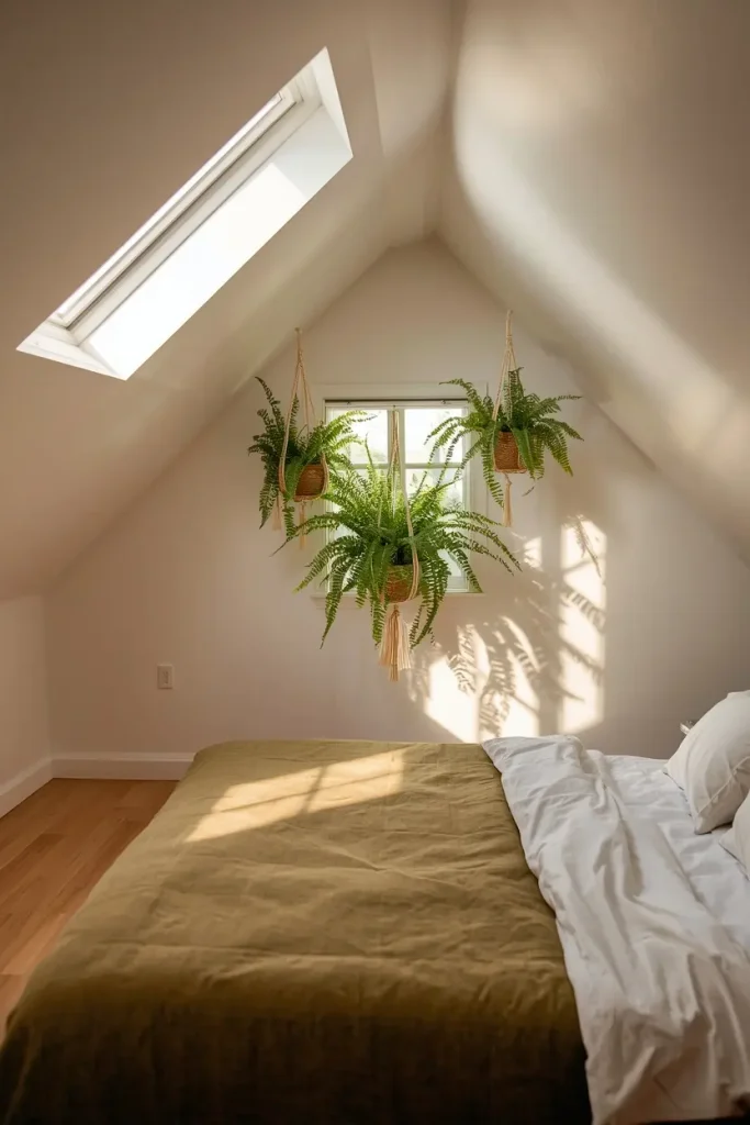 Attic bedroom with Boston ferns in macramé hangers above a bed with a moss green quilt