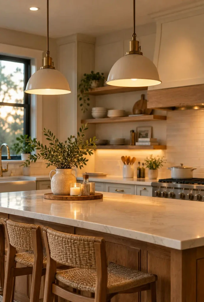Two white pendant lights above a kitchen island with woven bar stools and open wood shelves