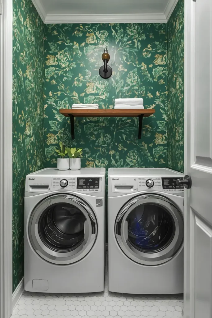 Deep green floral wallpaper behind a pair of front loading washer and dryer with a wood shelf of white towels and a black wall sconce