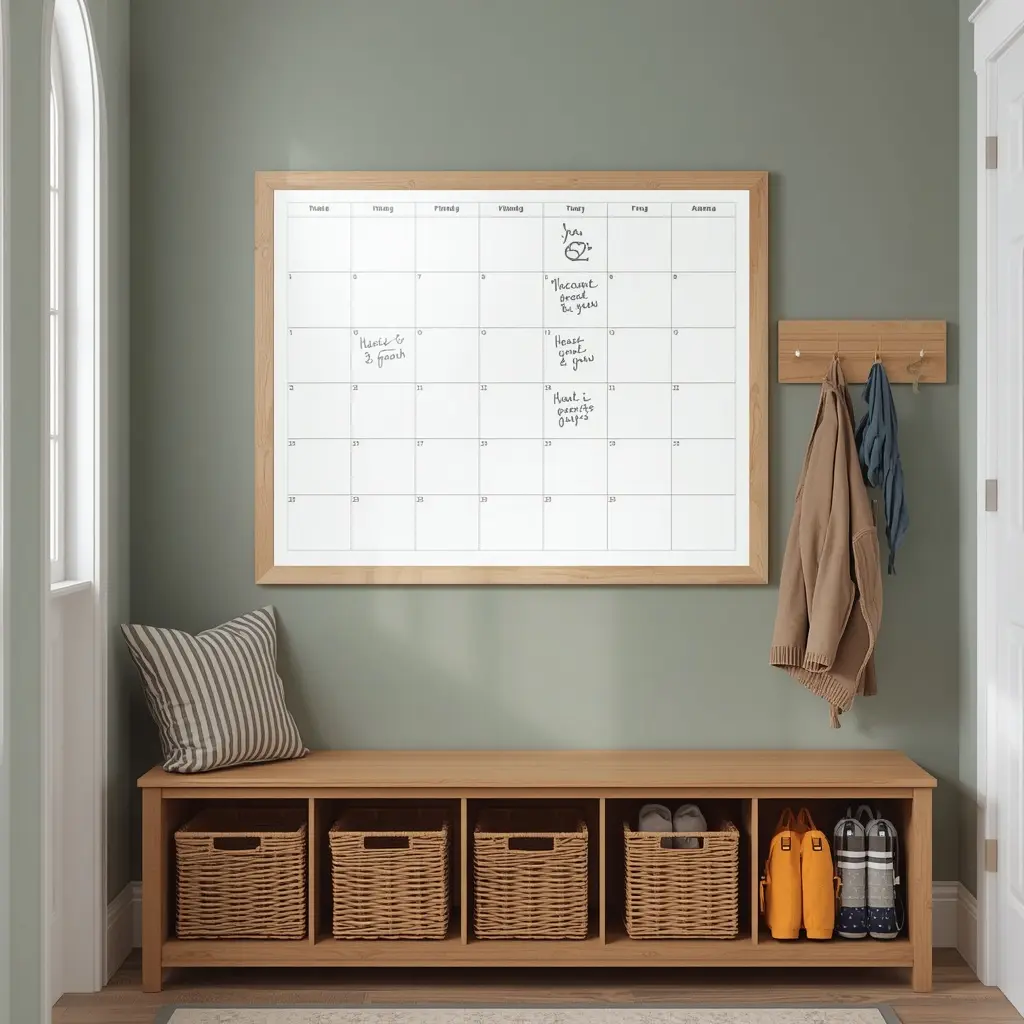 Large wood framed monthly board on a sage green mudroom wall above a bench with woven baskets and coat hooks