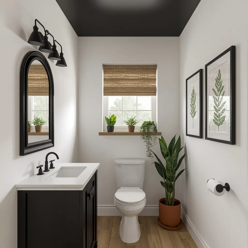Powder room with a black painted ceiling, white walls, a black vanity, an arched mirror, and framed fern prints