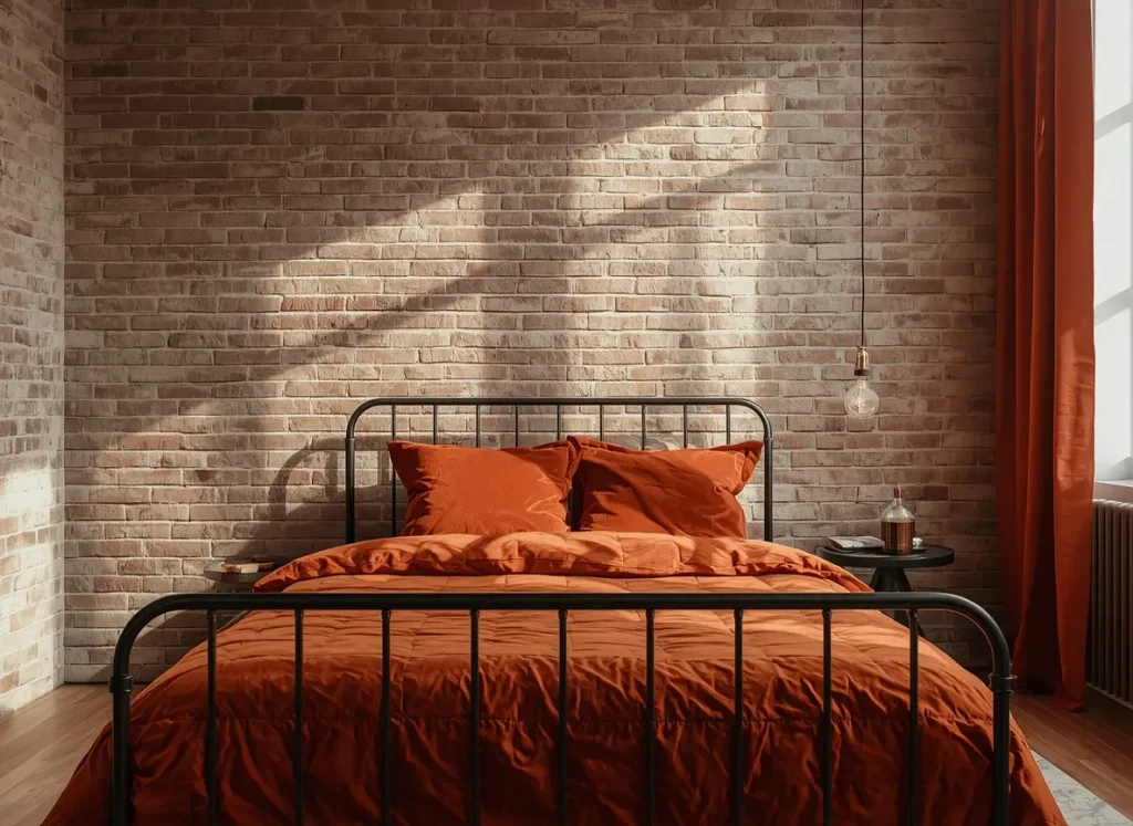 Rust and burnt orange bedding on a black metal bed against an exposed brick wall