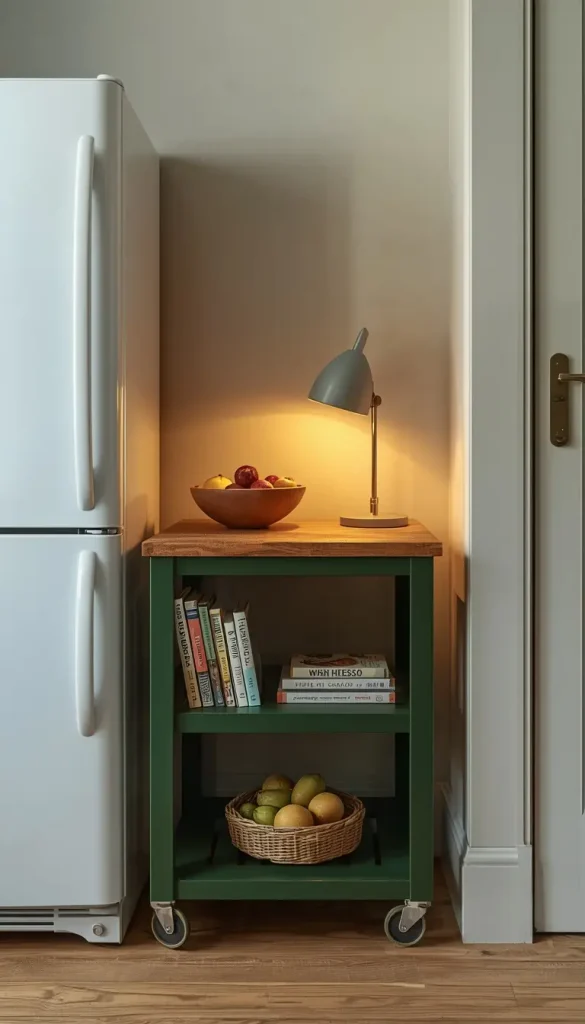Slim forest green rolling cart with a butcher block top tucked beside a white refrigerator