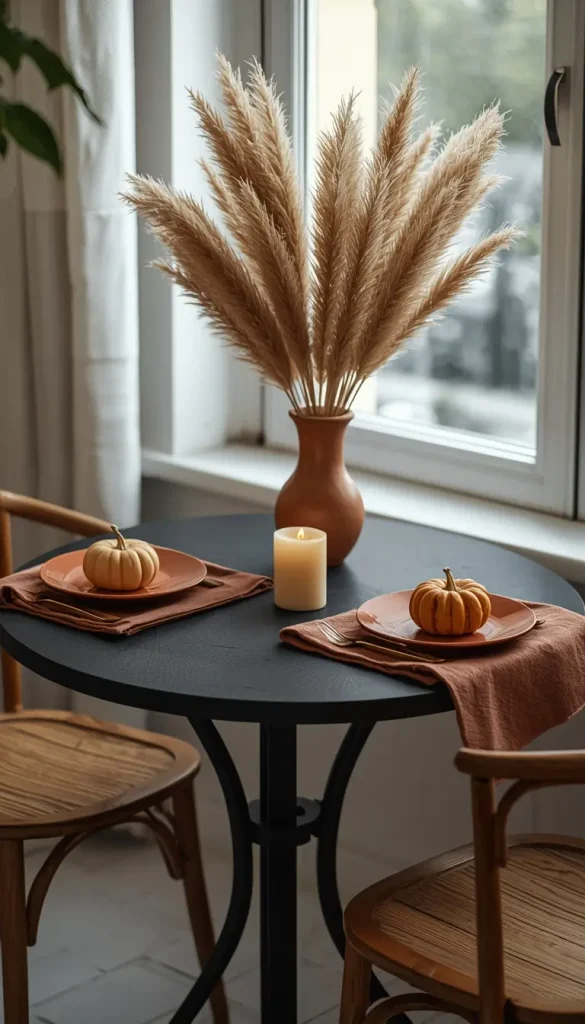 Small bistro table for two with terracotta plates, dusty rose napkins and dried pampas grass