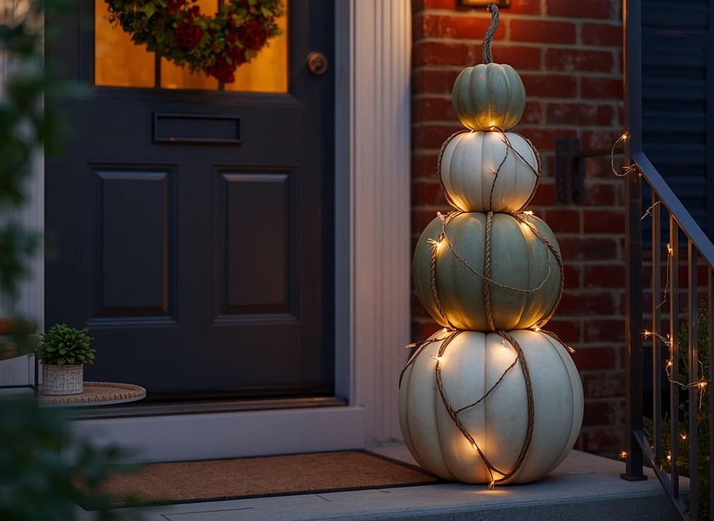 Tall stacked pumpkin topiary in cream and sage green with glowing string lights beside a front door on a brick townhouse stoop