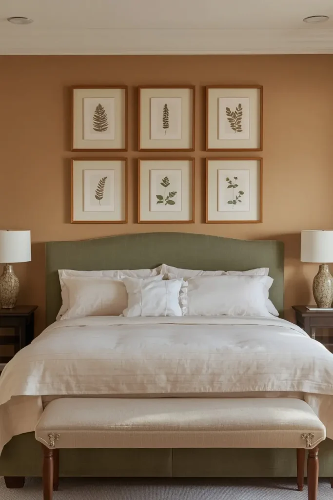 Guest bedroom with a grid of pressed botanical prints above a sage green upholstered headboard