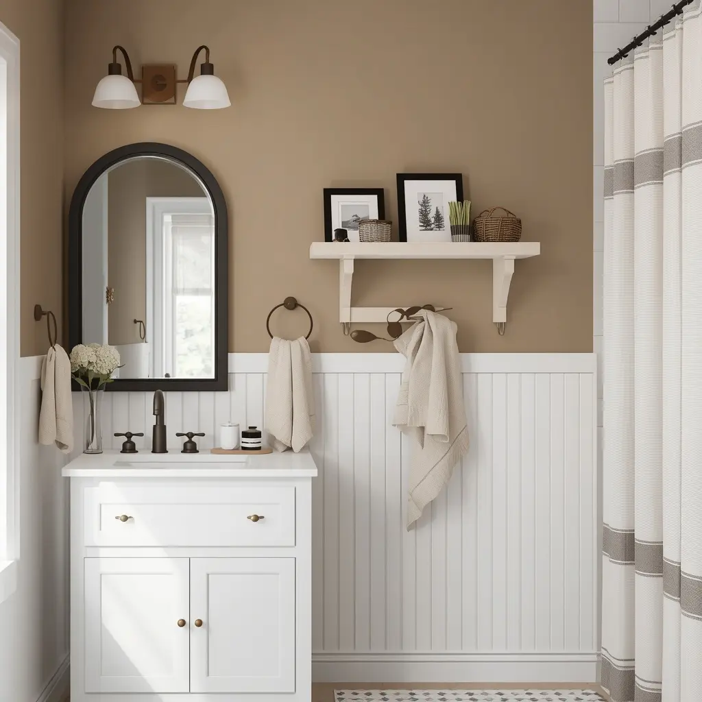 White beadboard on the lower walls with warm greige paint above, a white vanity, an arched mirror, and framed prints
