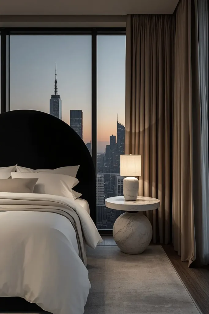 Curved black boucle headboard with ivory bedding and taupe curtains in a modern penthouse bedroom