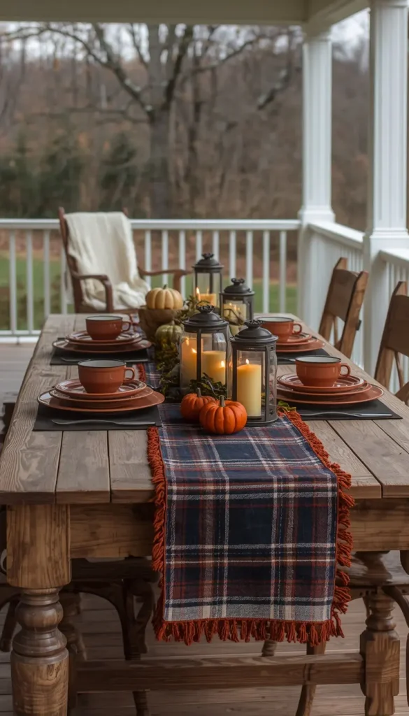 Back porch harvest table with a navy plaid runner, rust plates, pumpkins and glass lanterns