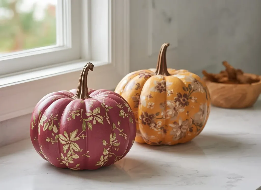 Two decoupage pumpkins with rose-pink and golden-yellow floral patterns on a white kitchen counter beside a window