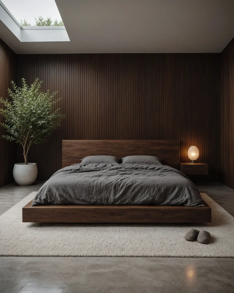 Dark walnut platform bed with charcoal linen bedding, vertical wood walls, a paper lantern lamp and an olive tree in a white planter