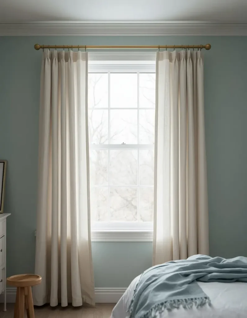 Ivory linen curtains hung floor to ceiling on a brass rod against soft blue-gray bedroom walls