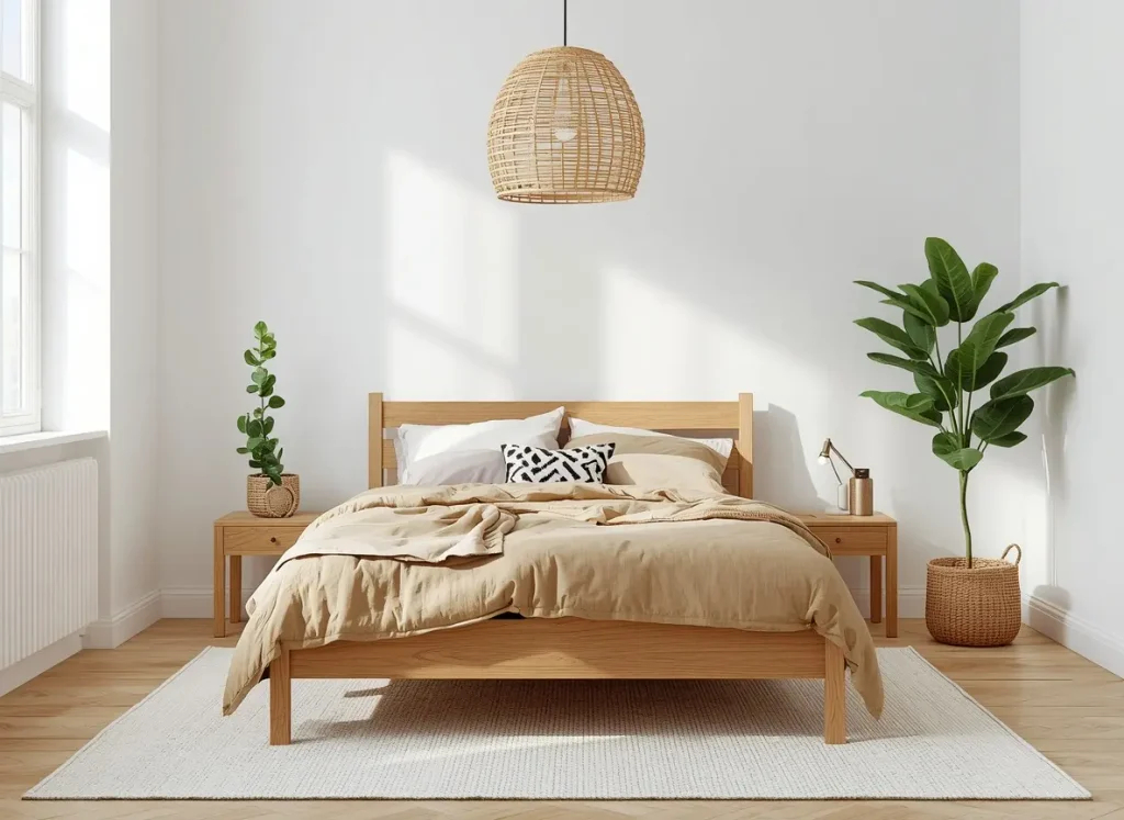 Honey oak bed with oatmeal bedding, rattan pendant light and green plant in a bright bedroom