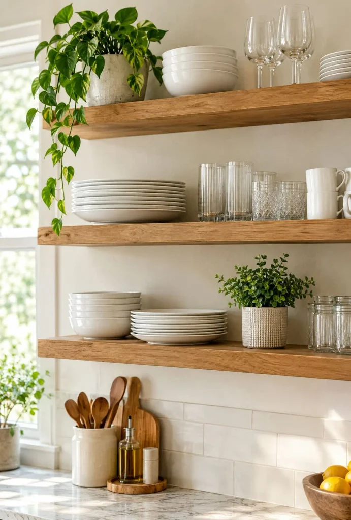 Floating wooden kitchen shelves holding white plates, glasses, and a small potted plant