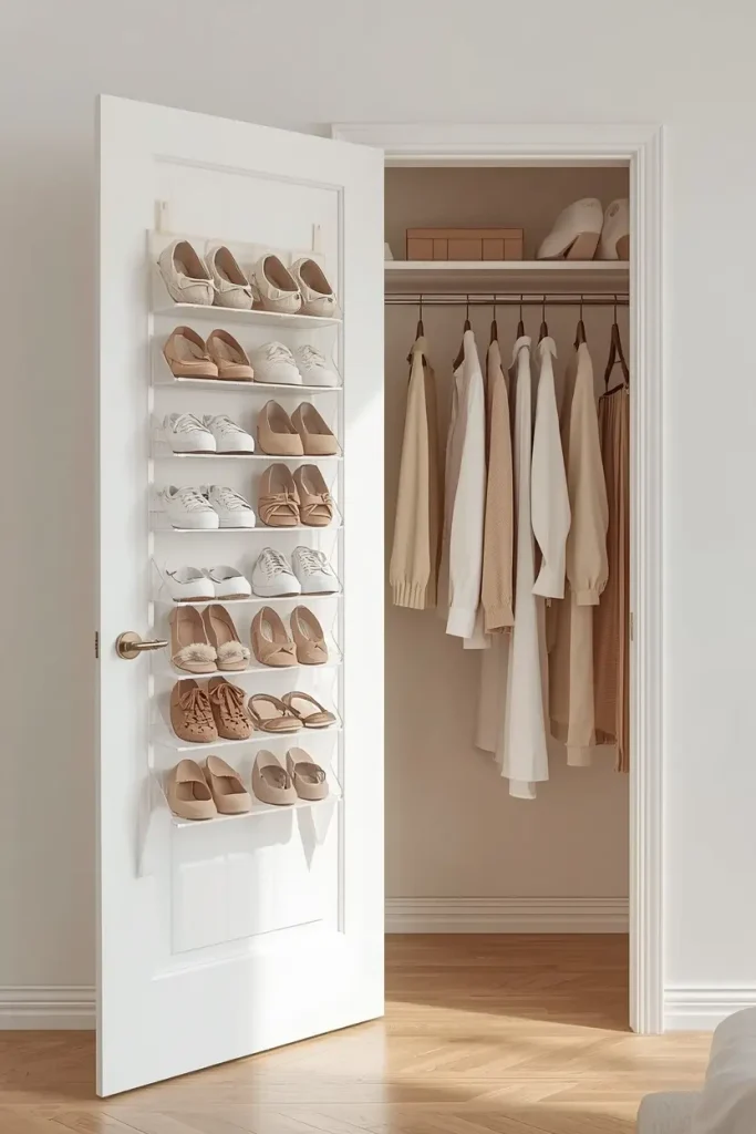 Clear over the door shoe organizer on an open white closet door holding rows of neutral flats, loafers, sneakers, and sandals beside a closet of beige clothes