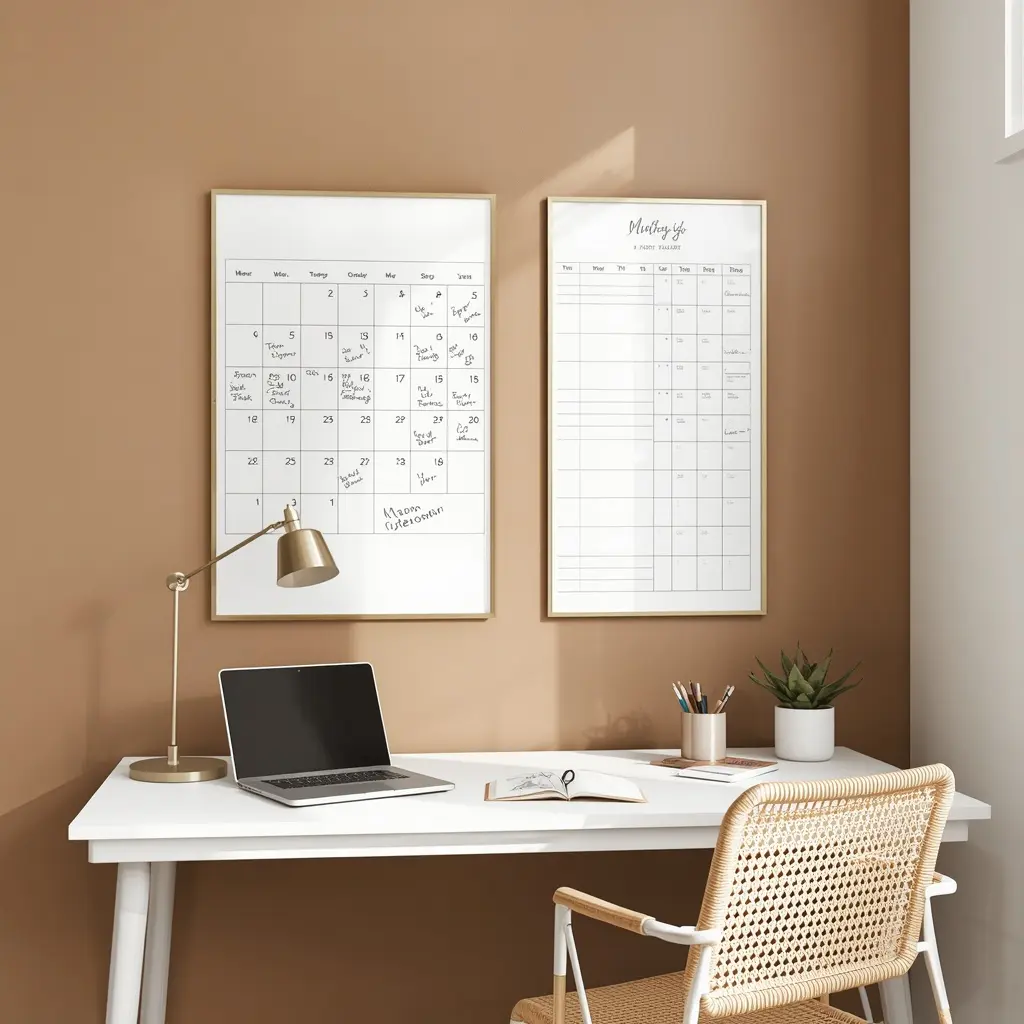 Monthly and weekly boards in thin gold frames on a caramel wall above a white desk with a brass lamp