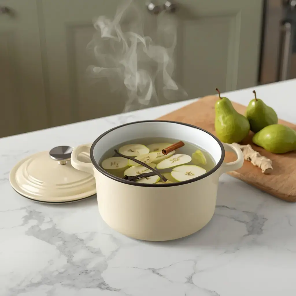 Cream enamel pot with sliced pears, a vanilla bean, and a cinnamon stick beside whole pears and fresh ginger on a marble counter