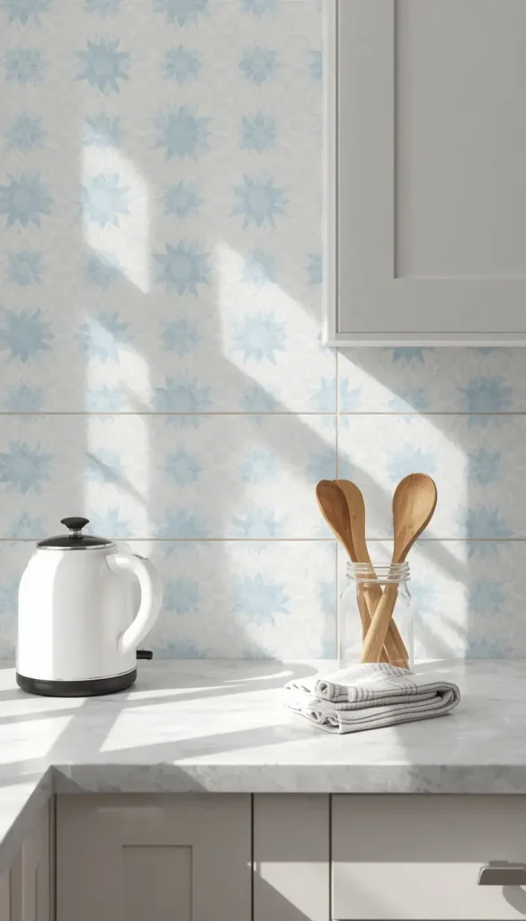 Blue and white patterned backsplash behind a small kitchen counter with a white kettle and wooden spoon jar