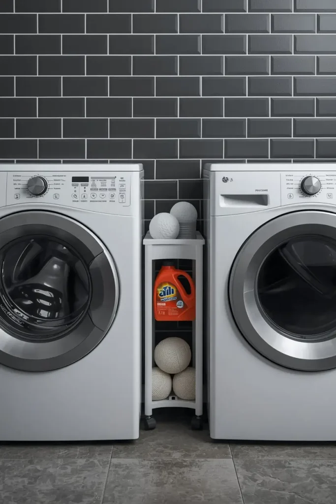 Slim white rolling cart with laundry detergent and wool dryer balls in the narrow gap between a front loading washer and dryer against dark grey subway tile