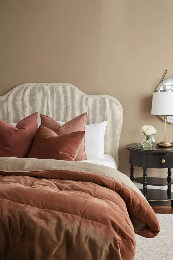 Cocoa brown duvet with blush pink velvet pillows on a curved cream boucle headboard