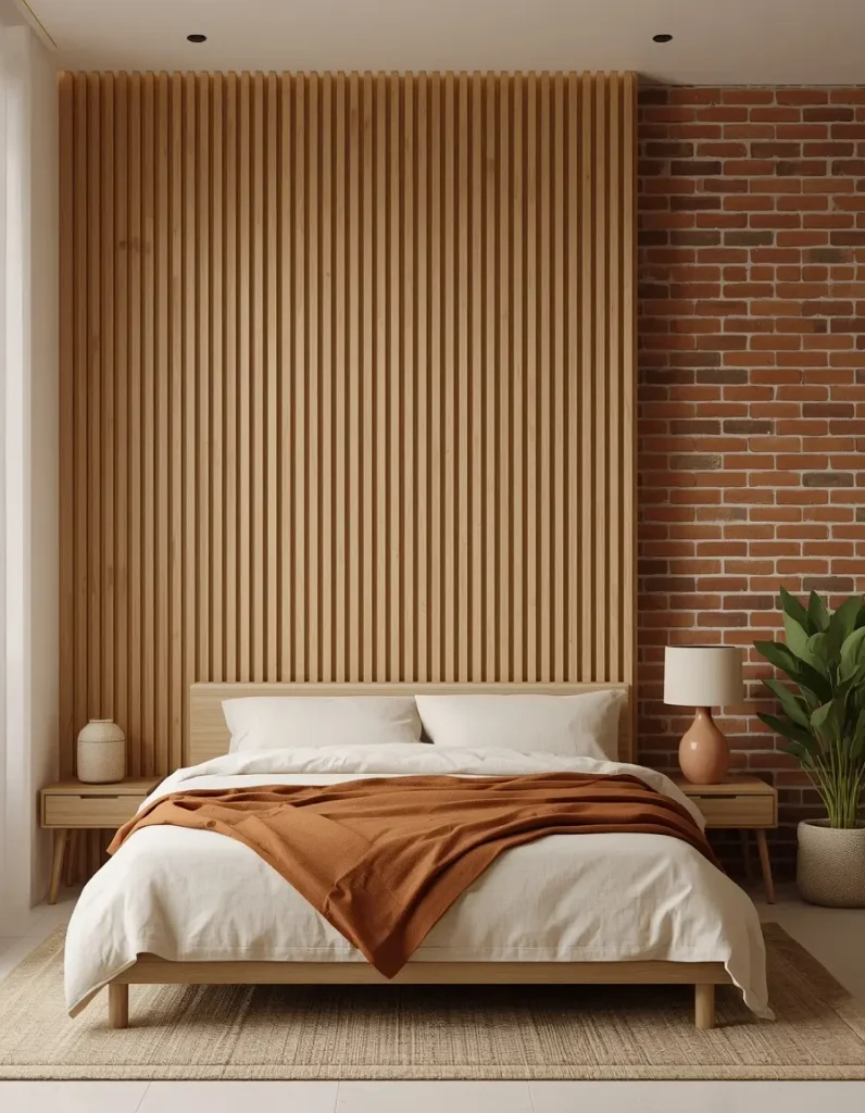 Light oak slat wall behind a low platform bed with cream linen bedding, a rust throw and an exposed red brick wall
