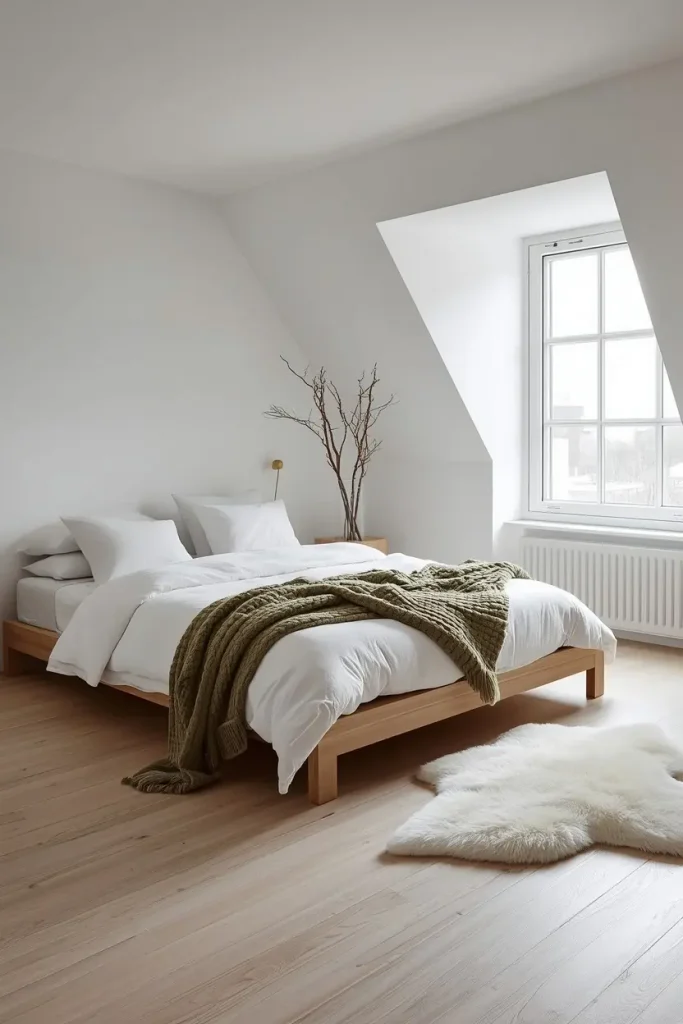 Scandinavian loft bedroom with white bedding and a chunky moss green knit throw