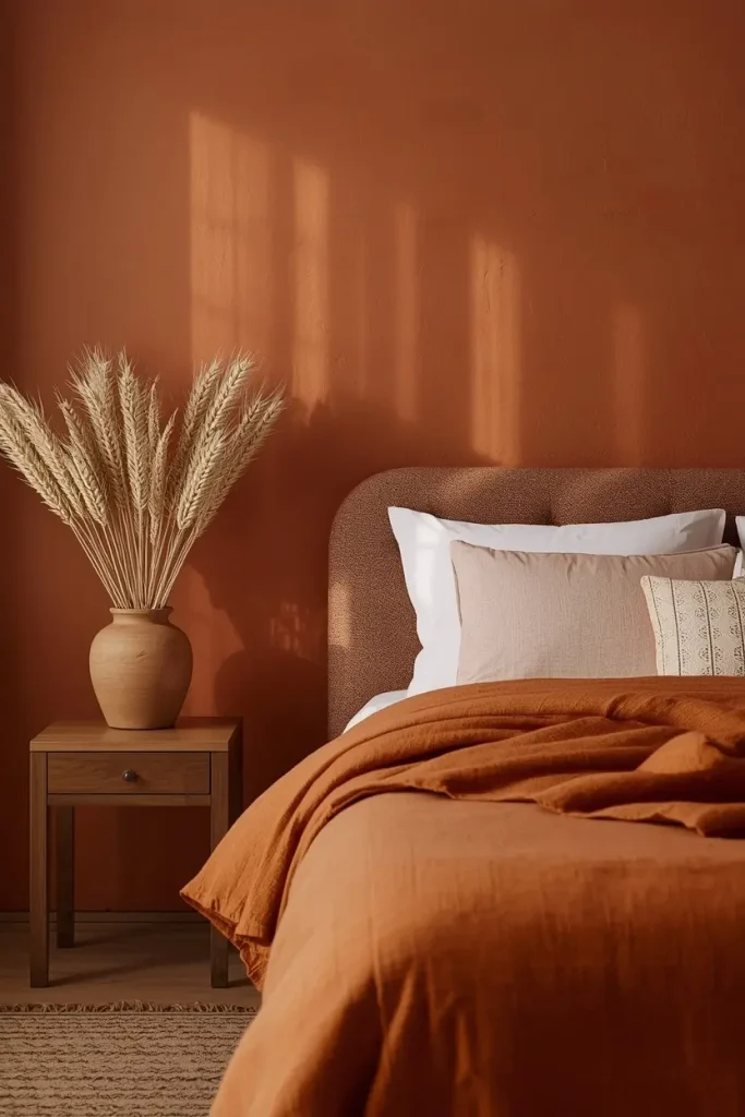 Rust brown duvet with a burnt orange throw against a terracotta limewash wall and dried wheat in a clay pot