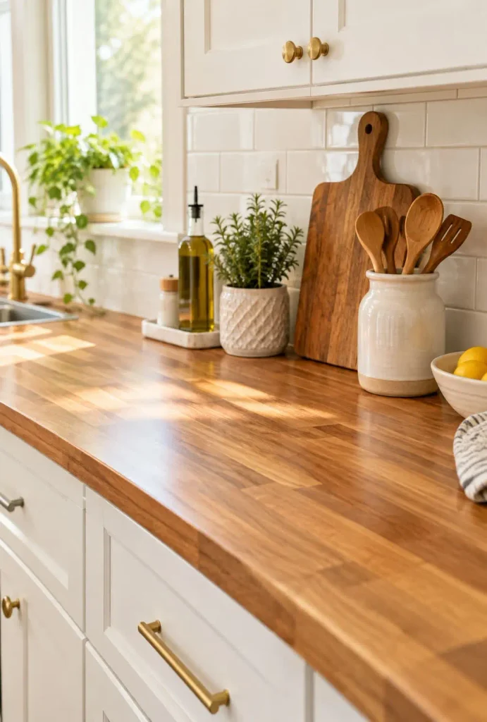 Butcher block countertop with white cabinets, brass pulls, a cutting board, and a ceramic jar of utensils