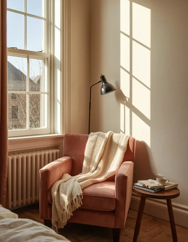 Dusty rose armchair with a cream knit throw and a floor lamp in a sunlit bedroom reading corner