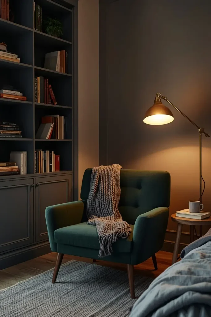 Bedroom reading nook with a green armchair, brass floor lamp and built-in bookcase
