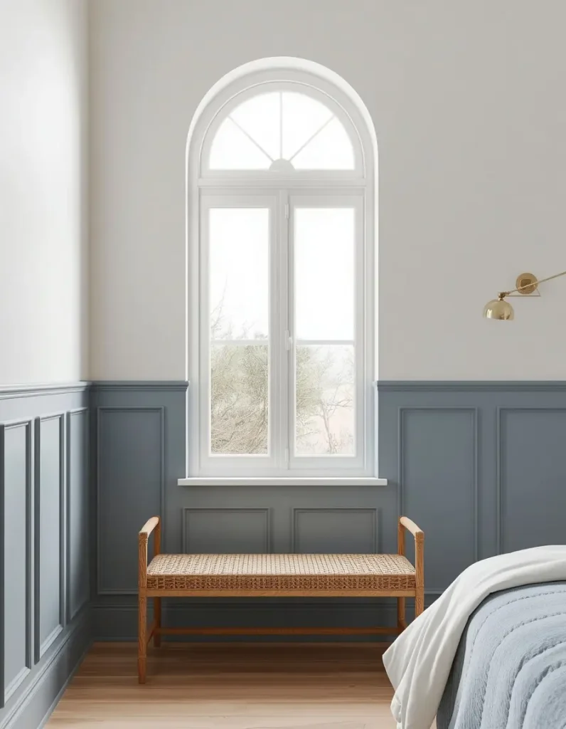 Dusty blue panel molding below a warm white wall with a tall arched window, woven cane bench and brass swing-arm lamp