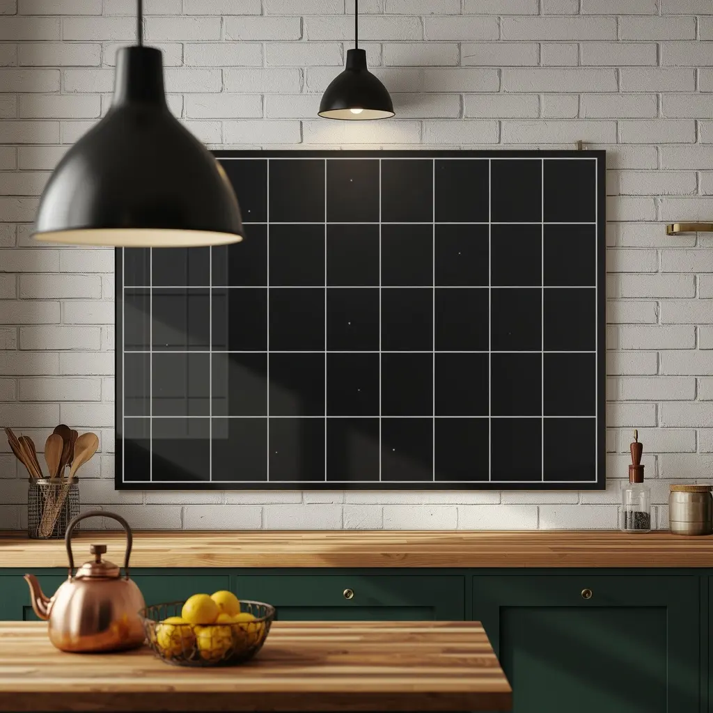 Black glass calendar board with a white grid on a white brick wall under black pendants, with a copper kettle and lemons