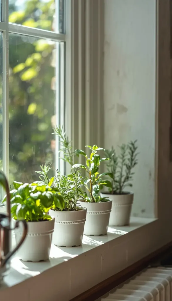 Sunny kitchen windowsill with white pots of basil, mint and rosemary and a small watering can