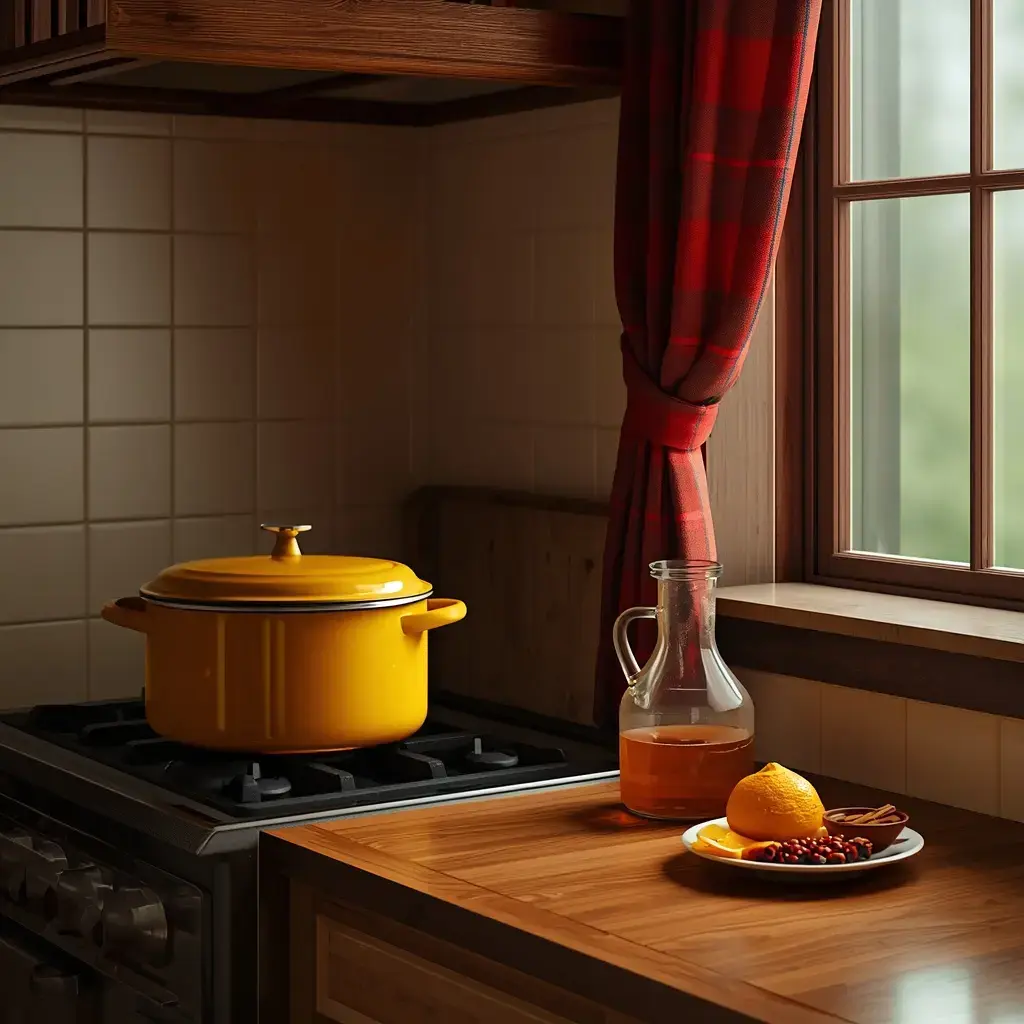 Mustard yellow enamel pot on a gas stove beside a carafe of apple cider and a plate of orange, allspice, and cinnamon