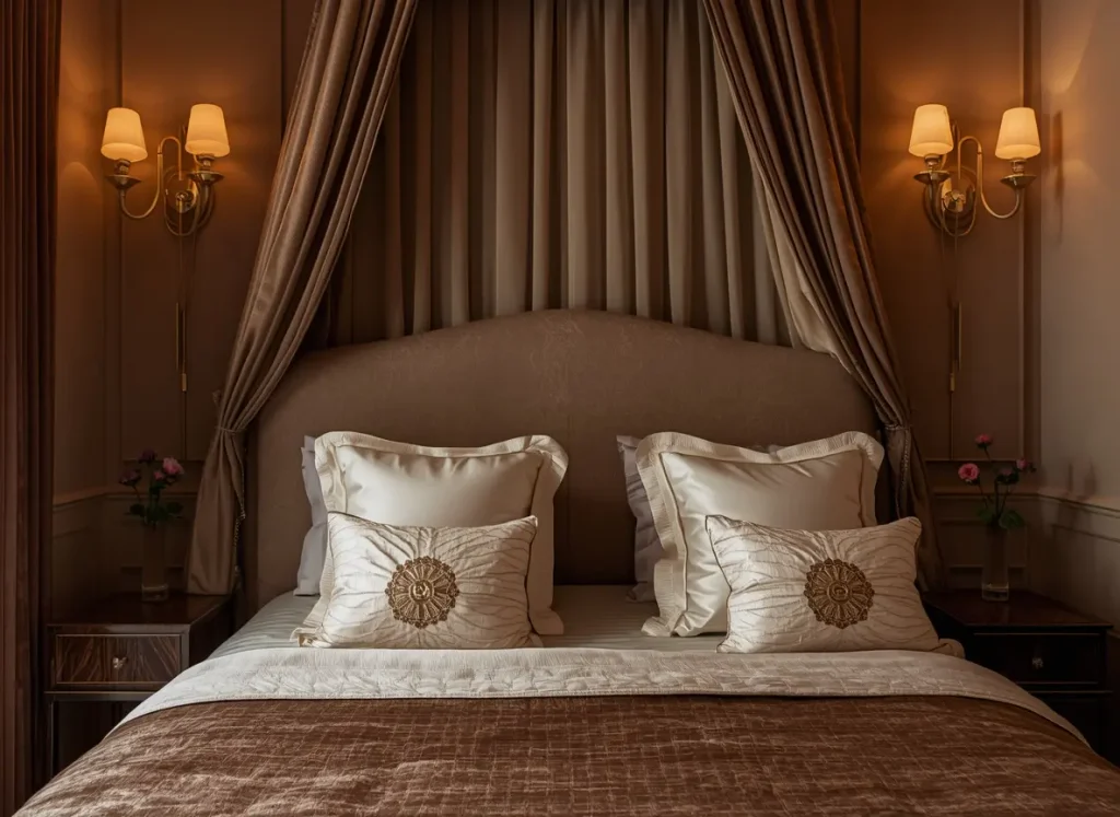 Mocha brown bedroom with canopy curtains, brass wall sconces and cream satin pillows