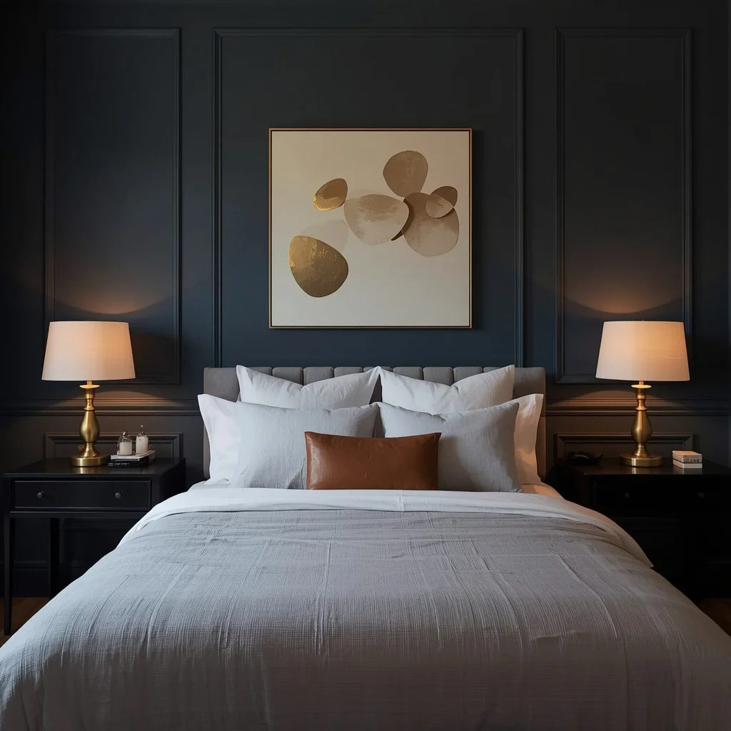  Navy blue paneled bedroom wall with a gray channel headboard, a cognac leather pillow, brass table lamps, and a gold abstract canvas