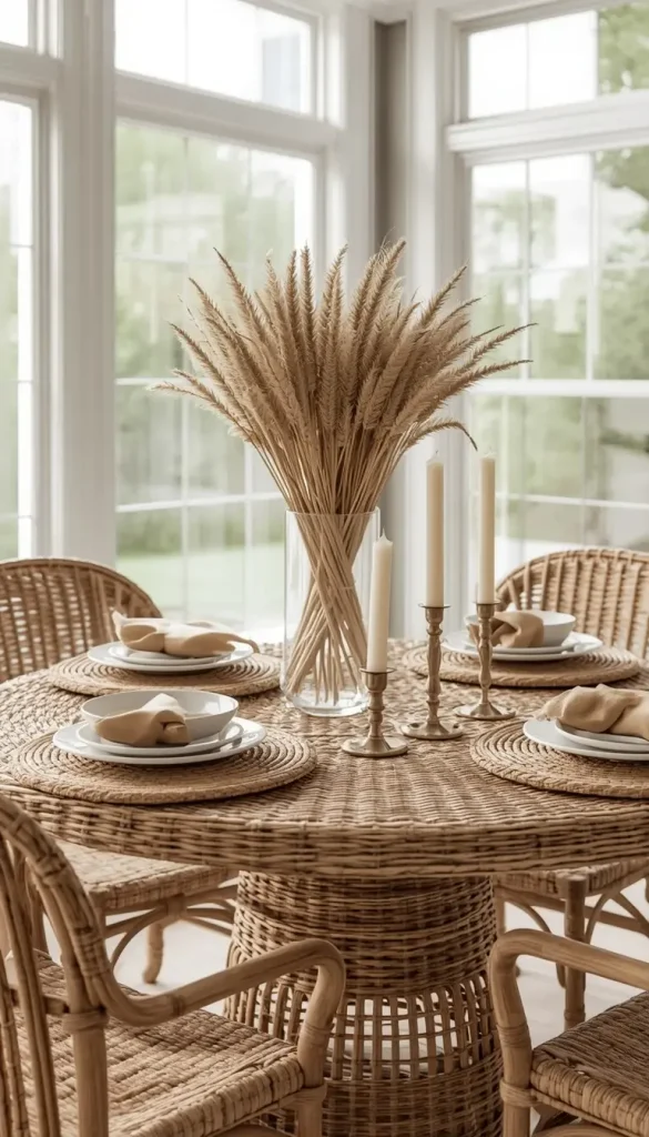 Sunroom wicker table with caramel napkins, rattan chargers, dried wheat and ivory candles