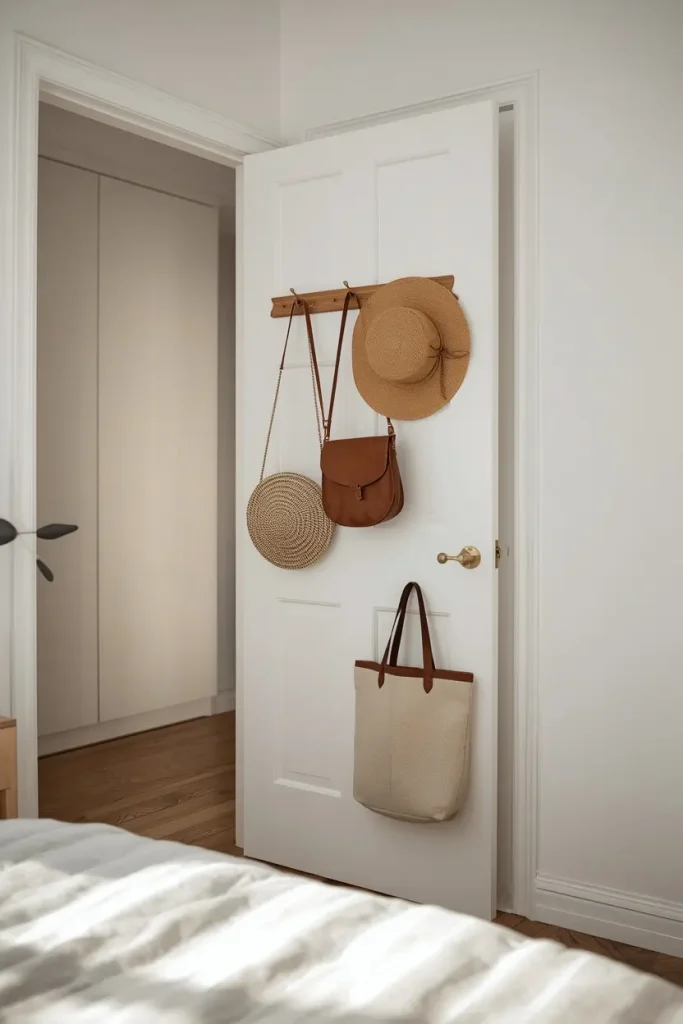 Wooden peg rail on a white bedroom door holding a round woven bag, a brown leather crossbody bag, and a straw hat, with a canvas tote hanging below