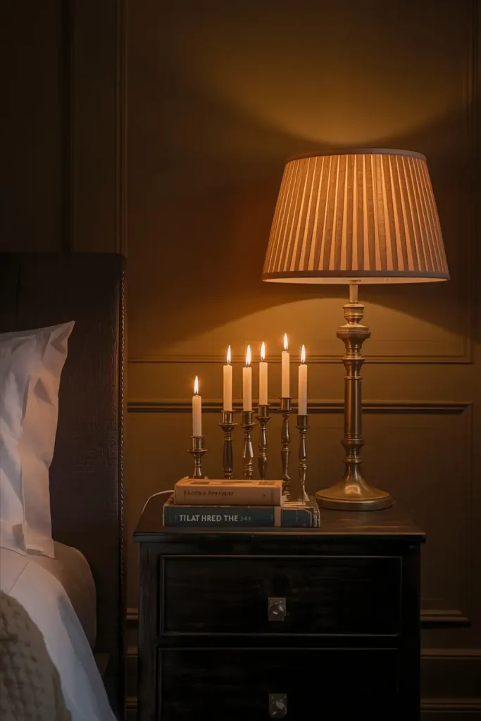 Cluster of glowing candles in brass candlesticks on a nightstand in an espresso brown bedroom