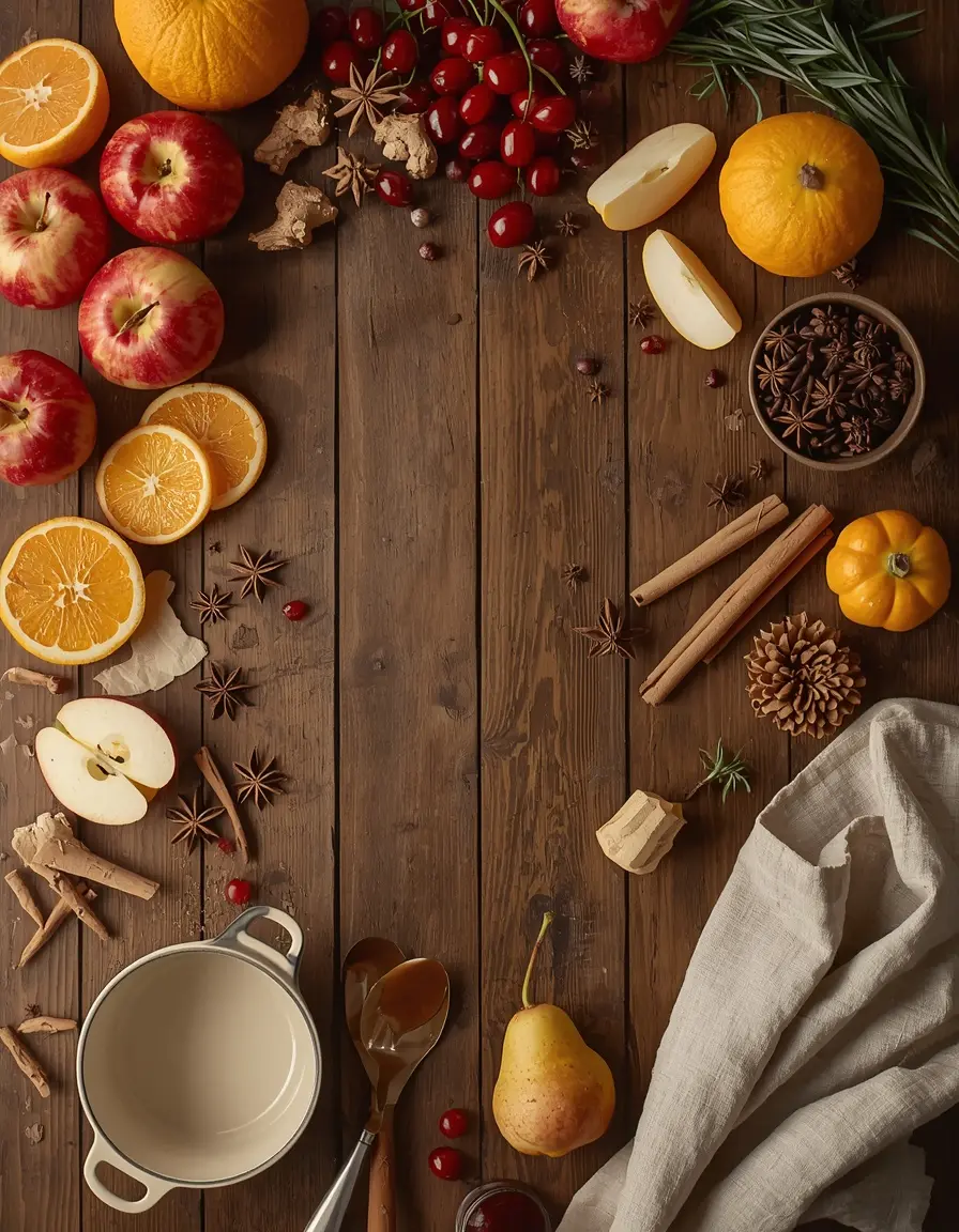 Overhead view of apples, orange slices, cranberries, cinnamon sticks, star anise, and rosemary laid out on a wooden table