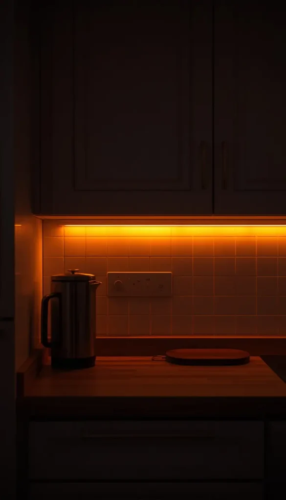 Warm amber under-cabinet lighting glowing over a wooden kitchen countertop in the evening