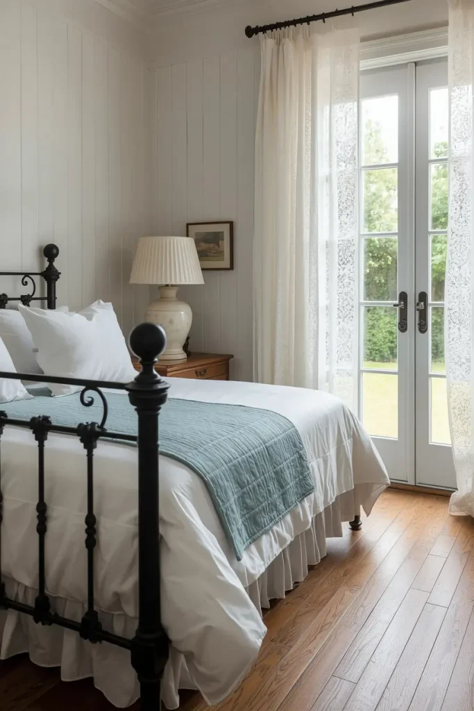 Black wrought iron headboard with white bedding and a powder blue quilt in a farmhouse bedroom