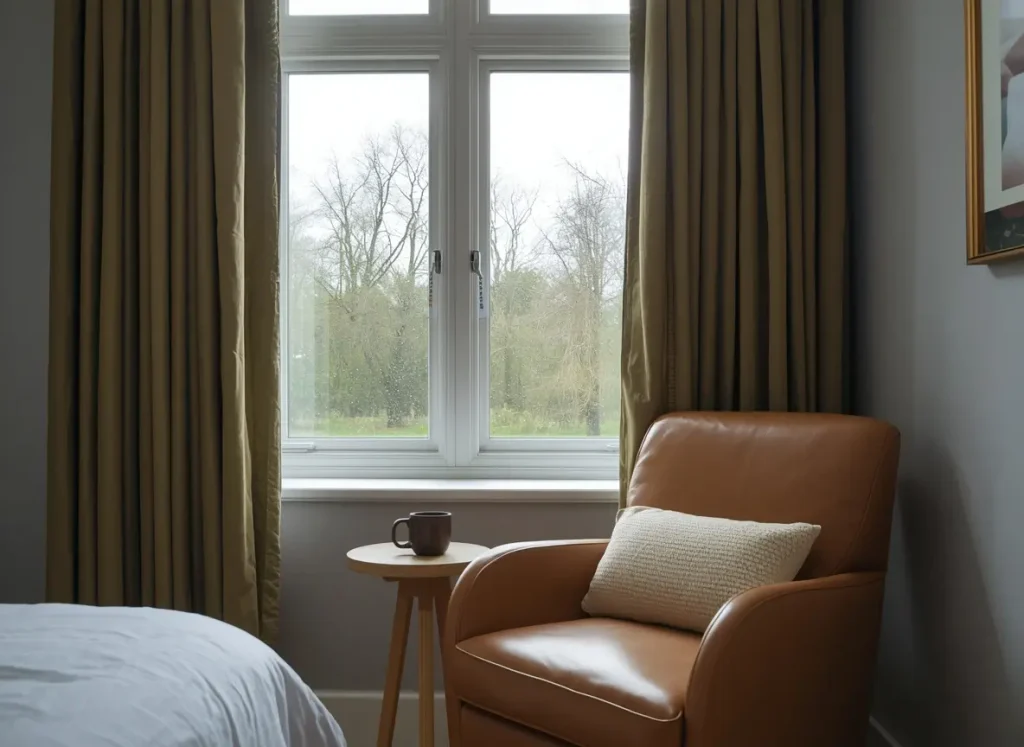 Caramel leather armchair beside olive green curtains and a small wooden side table