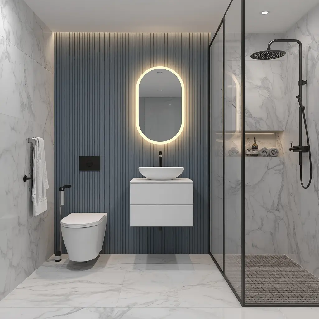 Dusty blue fluted tile feature wall behind a floating white vanity with a pill shaped backlit mirror