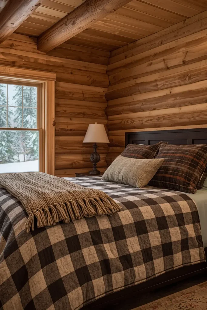 Brown and cream buffalo check flannel duvet in a wood-paneled cabin bedroom with snowy pines outside