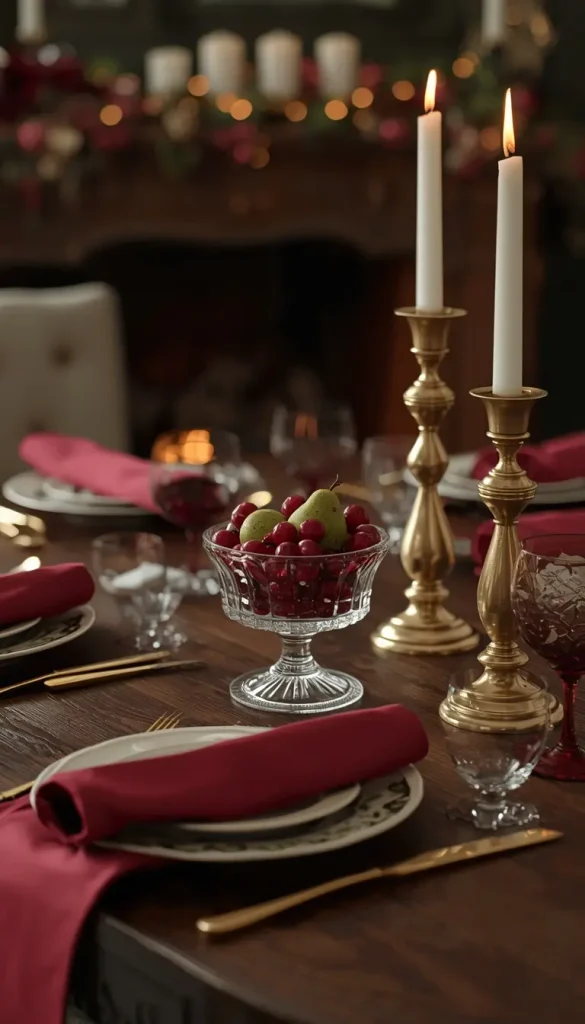 Cottage dining table with cranberry napkins, gold flatware, a cranberry compote and gold candlesticks